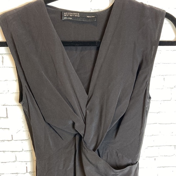 All Saints Salma Silk Mini Dress Sz 4 Black Twist Front V Neck Capsule LBD - Picture 6 of 13